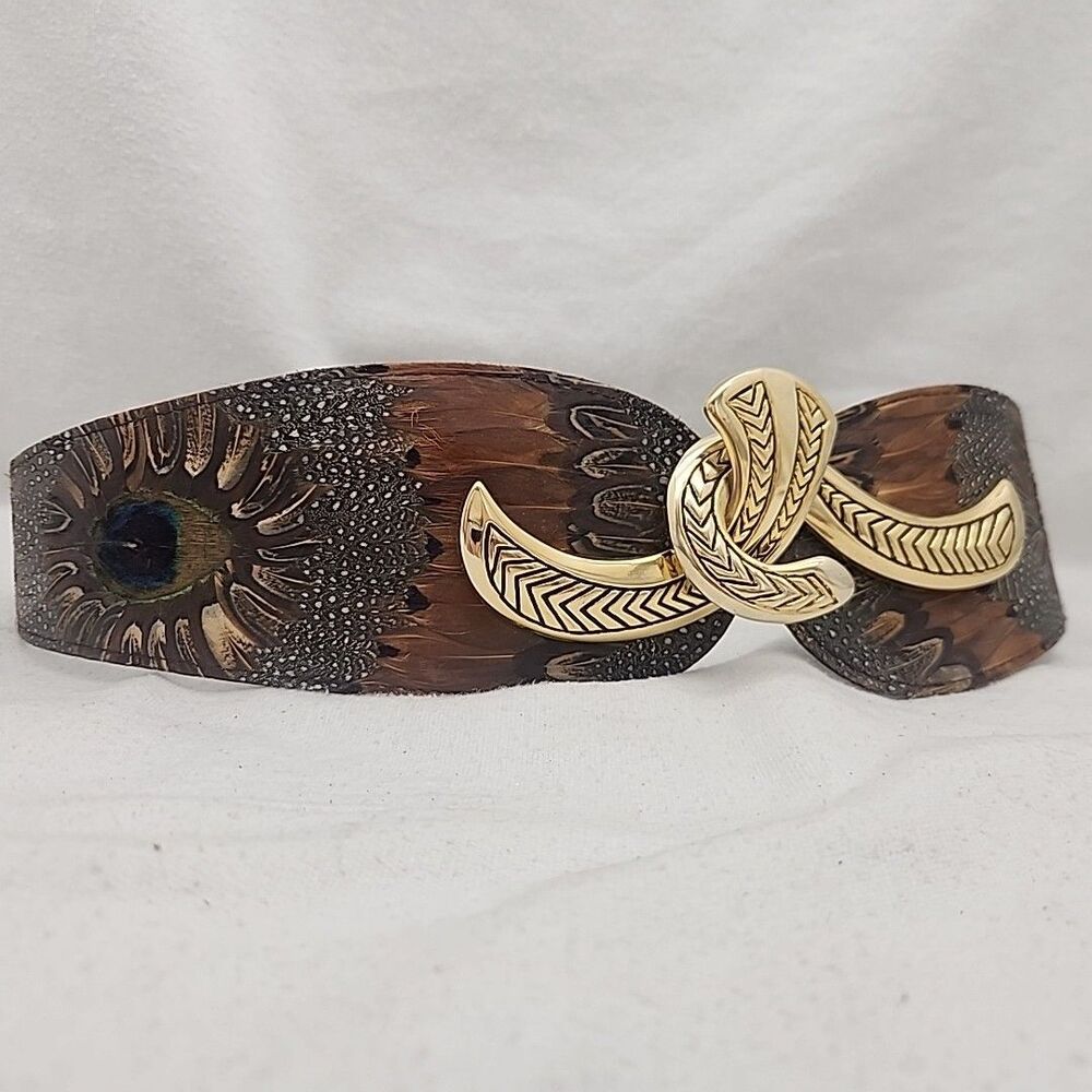 Belt Peacock Feather Wide Gold Chevron Buckle Adj Comeco Royal ART 9449 VTG 80s